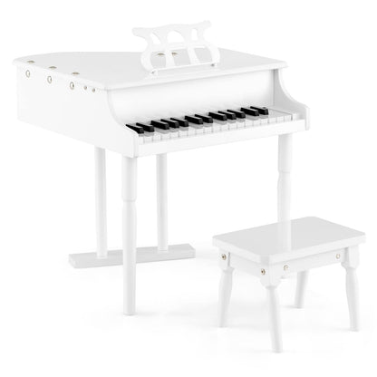 Goplus 30-Key Classical Kids Piano, Mini Grand Piano Wooden Learn-to-Play Musical Instrument Toy with Bench, Piano Lid, Music Rack, Gift for Boys Girls Aged 2+ Baby Toddler(3 Straight Leg-White)