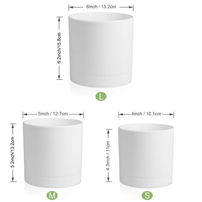Meowell 6/5/4 inch Flower Pots, Pack of 3 Cylinder Plant Pots for Small Indoor Outdoor Plants, Plastic Planters with Drainage Holes and Saucers for Garden Succulent Nursery House Plants, White