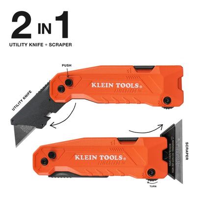 Klein Tools 44306 FLICKBLADE 2-in-1 Folding Utility Knife and Scraper with Built-In Blade Storage, Dual Locking Positions, Includes 3 Triple-Ground Carbon Steel Blades