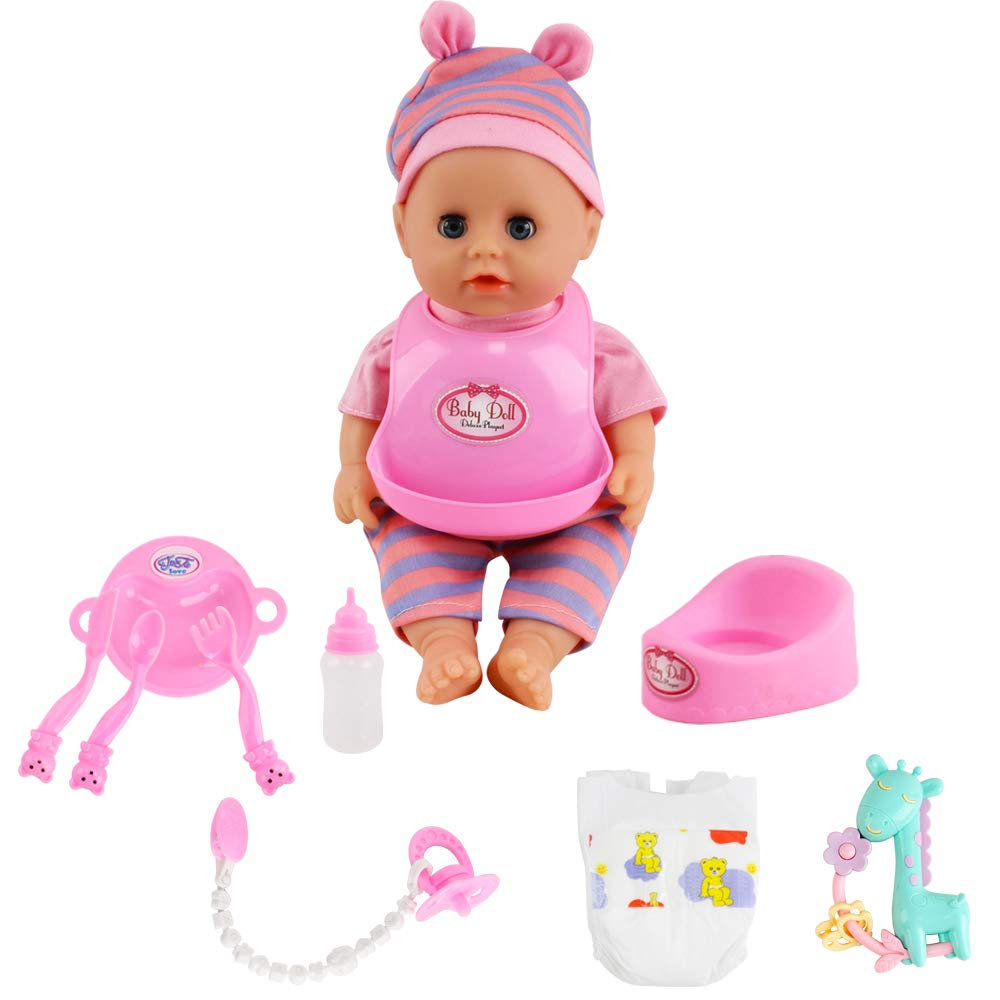 deAO Baby Doll Set with Crib Bed High Chair Stroller Baby Doll Accessories 20 Pieces Play Set Birthday for Girls Boys Kids