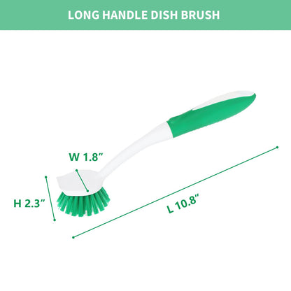 Dish Brush with Handle, 2 Pack Scrub Brushes with Built-in Scraper for Cleaning Kitchen, Pots, Pans and Sink, Scrubber Washing Tools, Green