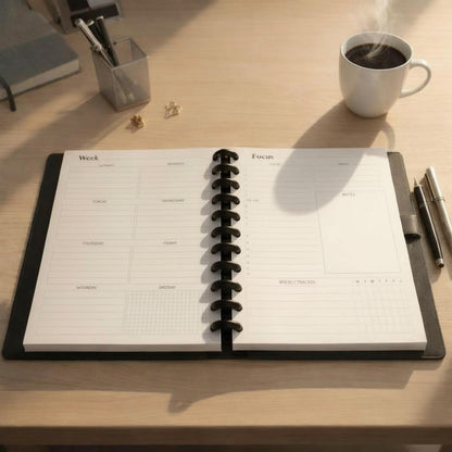 Undated Deluxe Discbound Planner in Gift Box, Letter Size PU Leather Cover – Monthly & Weekly Layout, Goal Setting, Habit Tracking, Refillable Organizer by FeroniArt (Black, Letter)