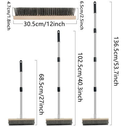 Heavy Duty Floor Scrubber,Deck Brush with Long Handle,56L''×12W Stainless Steel Wire Scrub Brush, Stiff Metal Bristle Scrubber Broom for Deck, Concrete, Patio Floor Cleaning Moss Removal