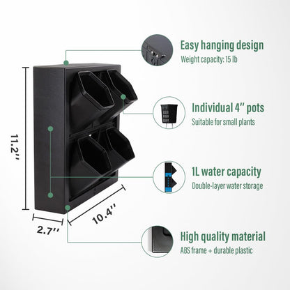Inspiration Jungle Self Watering Wall Planter with 4 Pots - Easy to Create Indoor Living Wall for Home, Office and Shop Front - Includes Water Gauge (Black)