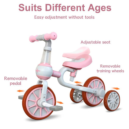 XIAPIA 3 in 1 Toddler Bike for 2-4 Year Old Girl, Kids Tricycle with Adjustable Seat, Detachable Pedal and Training Wheels, Baby Balance Bike Trikes Riding Toys, Kids Chirstmas Birthday Gifts Pink