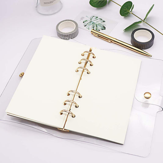 NatSumeBasics Clear A6 Binder Cover Gold 6 Rings 4"x7" Notebook Shell Protector Refillable Loose Leaf PVC Folders Soft Binding Accessories Supplies (Gold A6 Binder)