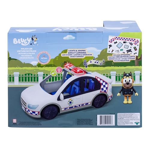 Bluey Police Car Toy, Vehicle from The Special Episode The Sign. Includes Toy Police Car with Flashing Lights & Sounds, Policeman Figure, and Themed Sticker Set. Batteries Included.