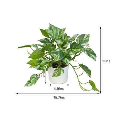 TentoWhan Artificial Plants Faux Pothos with Plastic White Pot Artificial Potted Plant for Home Office Bedroom Indoor Outdoor Decor 1 Pack(Light Green)