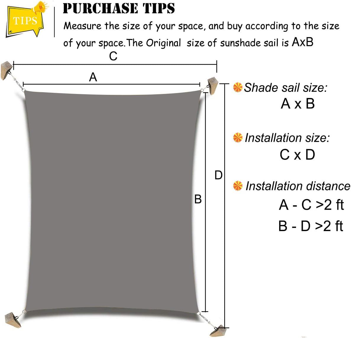 Sun Shade Sail Canopy, Patio Shade Cloth Outdoor Cover - Sunshade Fabric Awning Shelter for Pergola Backyard Garden Carport (Grey, 6' x 8' Rectangle)