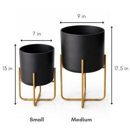 Kirpi Modern Planter Pots, Set of 2 Round Black Planters with Gold Stand, Decorative Floor Planters, Metal Pots with Drainage Holes for Living Room, Office, Garden, Balcony, 7 and 9 Inch Diameter