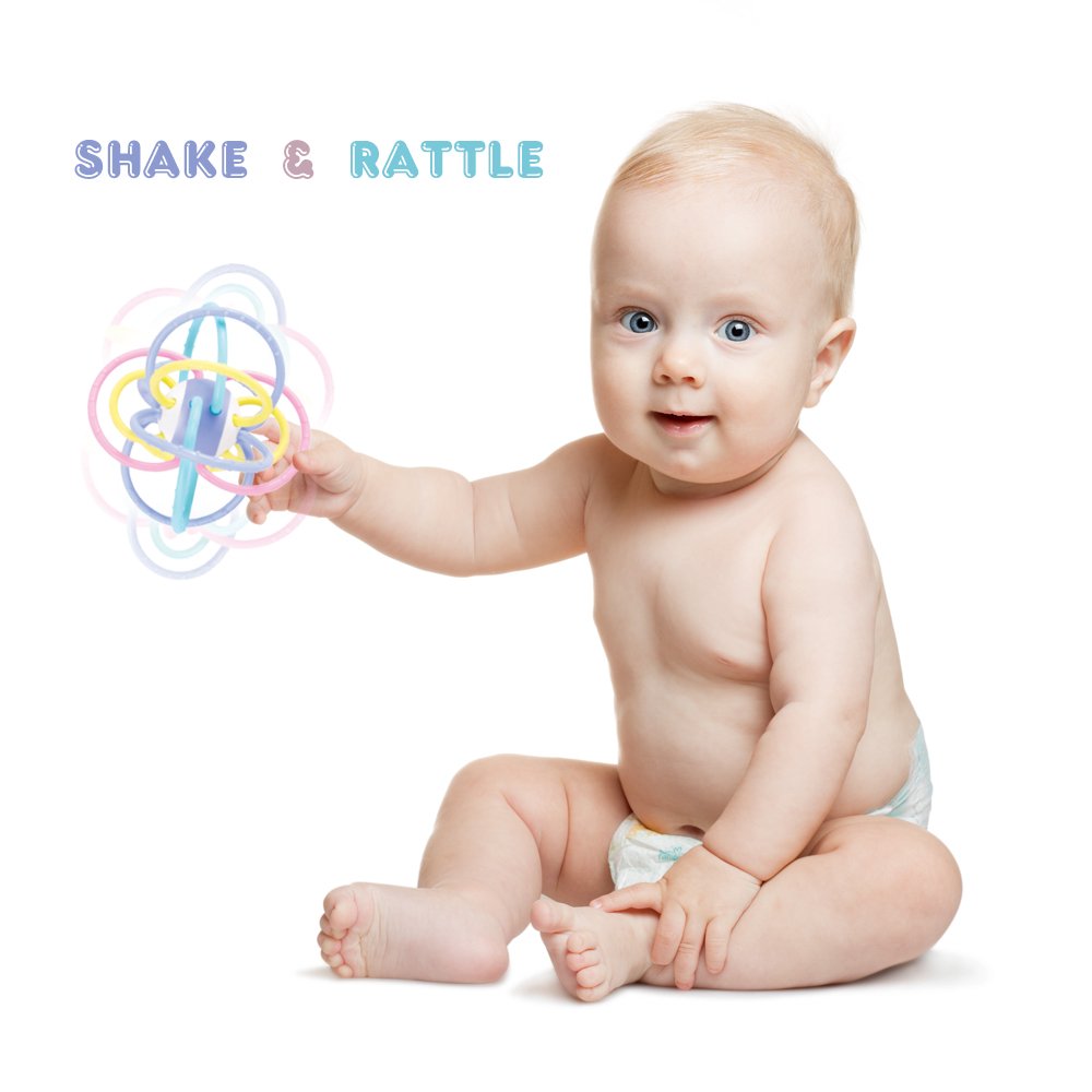 WEofferwhatYOUwant Baby Sensory Teether Ball Soft Rattle Rings for Teething Relief Chewing Grasping BPA Free Newborn Infant Toy 0-6 Months Montessori Soothing Portable Developmental Toy