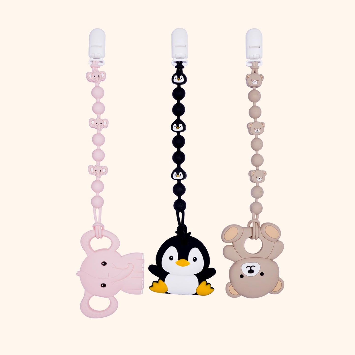 Cute Animal Baby Food Grade Silicone Teether Toy with One Piece Design Pacifier Clip Holder,Teething Pain Relief Toys Gift Set for 3 Months+ Boys and Girls,Freezer Safe,BPA Free (Penguin)