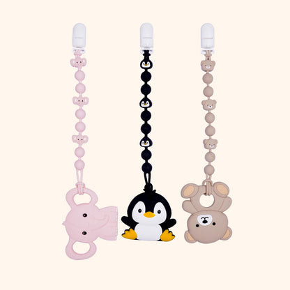 Cute Animal Baby Food Grade Silicone Teether Toy with One Piece Design Pacifier Clip Holder,Teething Pain Relief Toys Gift Set for 3 Months+ Boys and Girls,Freezer Safe,BPA Free (Penguin)