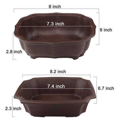 MUZHI 2 Pack 8" Unglazed Ceramic Bonsai Tree Pot Training Planter with Drainage Wiring Hole, Breathable Handmade Zisha Pottery Growing Plant Pot with Mesh Drip Tray Indoor Outdoor