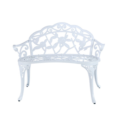 YKSY&YKSY Patio Garden Bench Metal Park Bench Cast Aluminum Outdoor Furniture with Floral Rose for Patio,Park,Lawn,Yard (White)