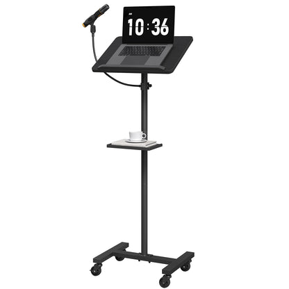 MAHANCRIS Podium Stand with Microphone Stand, Standing Desk and Laptop Desk with Storage Tray, 28.9-42.7 Inch Adjustable Height Portable Lectern for Classroom, Conference Room, Black LPBK4001