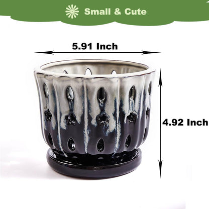 NiSevenLiving Orchid Pots with Holes Attached Saucers 6 Inches - 1 Pcs Small Ceramic Pots for Repotting, Decorative Ceramic Orchid Planter with Hole for Healthy Root Growth White Over Black