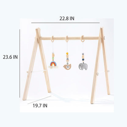 Toyking Wooden Baby Play Gym with Hanging Bar, 4 Gym Toys and Natural Pine Wood, Perfect for Infant Development