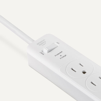 Amazon Basics Rectangle 6-Outlet Surge Protector Power Strip with Circuit Breaker, 600 Joule, 2ft Cord, White, 2-Pack