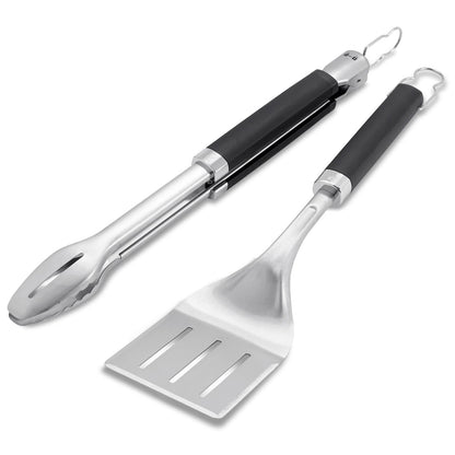 Weber Precision Tongs & Spatula Grilling Tool Set – Stainless Steel BBQ Tools with Hands‑Free Locking Tongs, 3‑Sided Beveled Spatula, Non‑Slip Soft‑Touch Handles