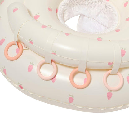 SUNNYLiFE Baby Float with Canopy — UPF40 Infant Pool Float, Adjustable Fabric Seat, 4 Silicone Play Rings | 6-12 Months - Strawberry Sunshine Pink
