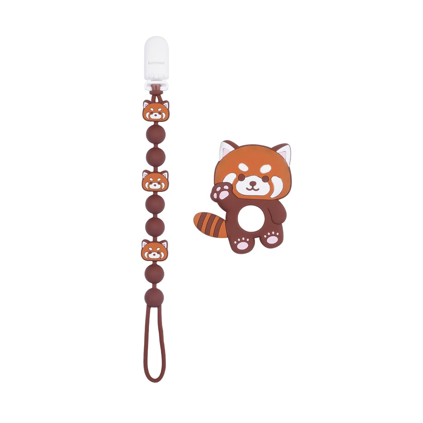 Cute Animal Baby Food Grade Silicone Teether Toy with One Piece Design Pacifier Clip Holder,Teething Pain Relief Toys Gift Set for 3 Months+ Boys and Girls,Freezer Safe,BPA Free (Red Panda)