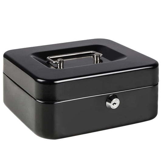 Medium Metal Cash Box with Key Lock Safe and Money Tray for Security,Money Saving Organizer, Parrency Large Money Box with Key Lock，7 4/5" x 6 4/5" x 3 3/5"，Black