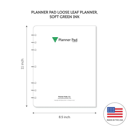 Planner Pad 7 Hole Loose Leaf January-December 2026/ Calendar Year 8 1/2" x 11" Large 3-Tier Funnel Down 12 Month Organizer, Soft Green Ink
