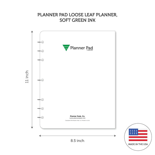 Planner Pad 7 Hole Loose Leaf January-December 2026/ Calendar Year 8 1/2" x 11" Large 3-Tier Funnel Down 12 Month Organizer, Soft Green Ink