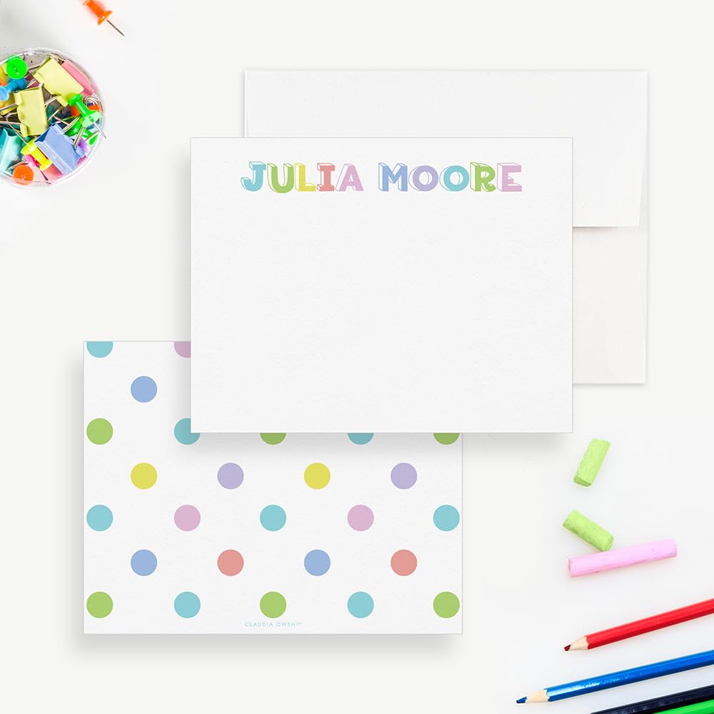 Personalized Baby Shower Note Cards with Envelopes, Colorful Polka Dot Stationery Paper, School Note Cards for Kids Children Girls, Birthday Thank You Cards Your Choice of Quantity and Envelope Color