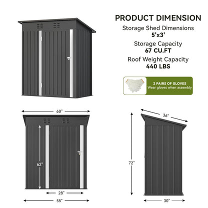 COMHOMA Shed Outdoor Storage Shed Metal,Lockable Doors Tool Sheds with Sloping Roof,Steel Garden Shed with Air Vent for Backyard,Patio,Lawn,Poolside(Grey,5'*3')