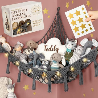TIDYTEDS Macrame DreamLights Boho Stuffed Animal Storage Net or hammock Extra Large for Small or large Plushies. Plush Gray Toy Storage Holder