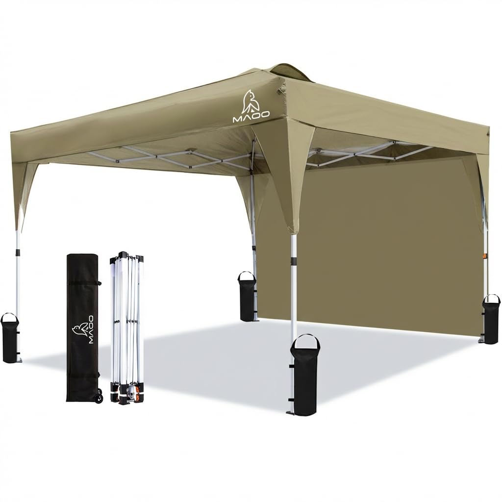 MAOO 10x10 Pop Up Canopy Tent with Sidewall, Easy Setup Instant Outdoor Canopy, 210D Silver Coated Waterproof UPF 50+ Sun Shade Shelter, Heavy Duty Steel Frame, Roller Bag, Khaki