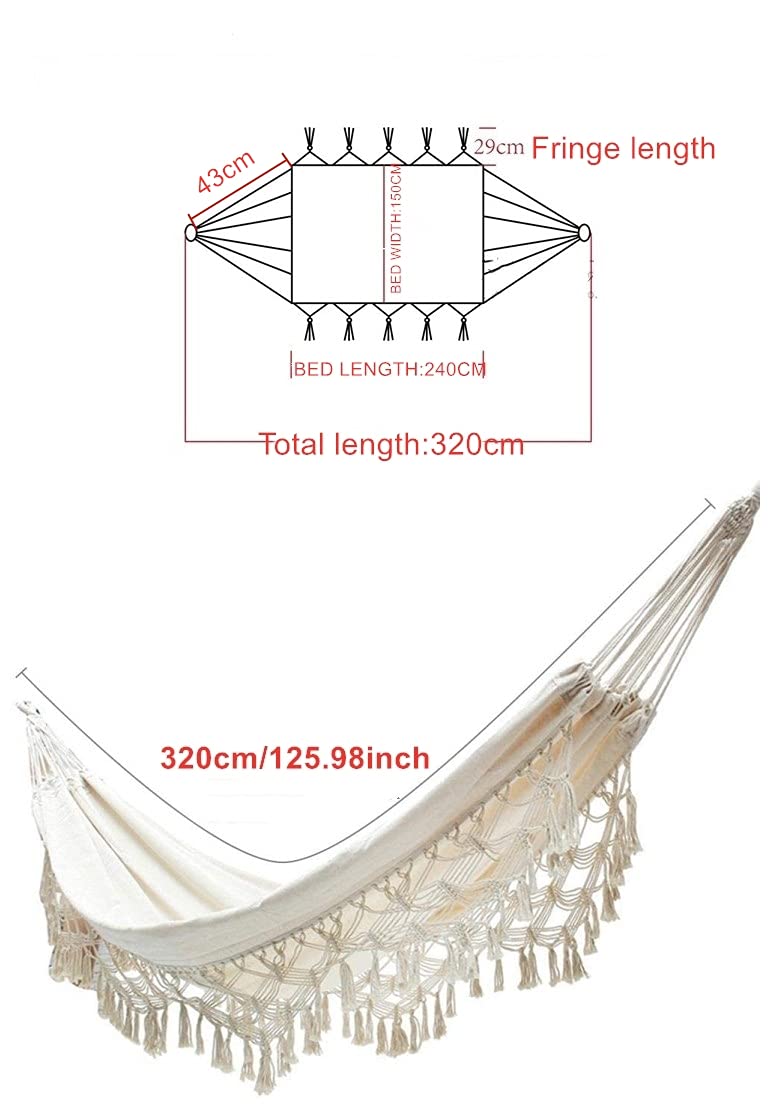 Outdoor Hammock Garden Cotton Hammock Macrame Fringe Hammocks Boho Balcony Hammocks with Handmade Tassels 2 Person Double Hamock 480lbs for Home,Backyard,Beach,Patio