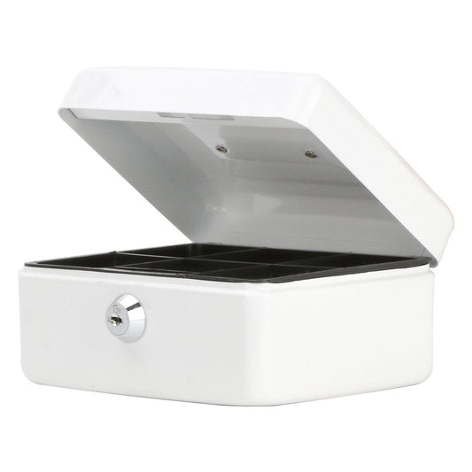Decaller Small Cash Box with Key Lock, Double Layer Metal Money Box for Home Security, Portable Locking Box, 5.9" x 4.7" x 3.2", White