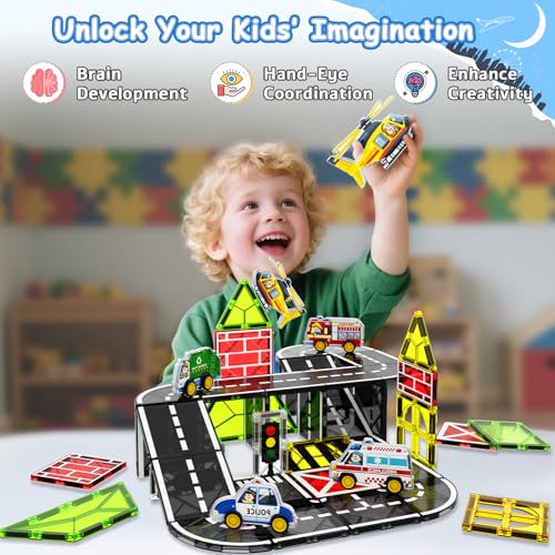 Magnetic Tiles Road Car Set,Magnetic Building Blocks for Kids, Learning Sensory Montessori Toys for 3-8 Year Old Boys Girls, Birthday Gifts for 3-8 Year Old Boys Girls, STEM Toys for Toddler