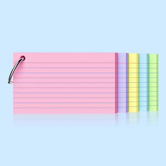 250 Count Index Cards 3x5 Inch with Key Ring, 180gsm Heavy Weight Colored Flash Cards 5 Color Assortment (50 Sheets Each) Note Taking for Students, Study Note Cards for Office School Supplies