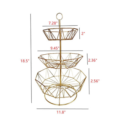 3 Tier Fruit Basket Bowl Stand for Kitchen Counter, Tiered Metal Wire Serving Stand Holder, Vegetable Storage Basket Organizer Trays, Detachable Multi Layer Snack Food Dessert Display Stand (Gold)