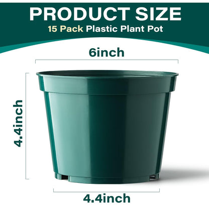 BTPLASTIK 15 Pack 6 Inch Plant Pots with Drainage Holes, Sturdy Plastic Nursery Pots for Plants, Thickened Flower Pots for Indoor Outdoor Planting Transplanting, Succulents, Seedlings, Green