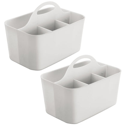 mDesign Plastic Small Office Storage Organizer Utility Tote Caddy with Handle for Cabinets, Desks, Workspaces - Holds Desktop Office Supplies, Pencils, Staplers Lumiere Collection, 2 Pack, Light Gray