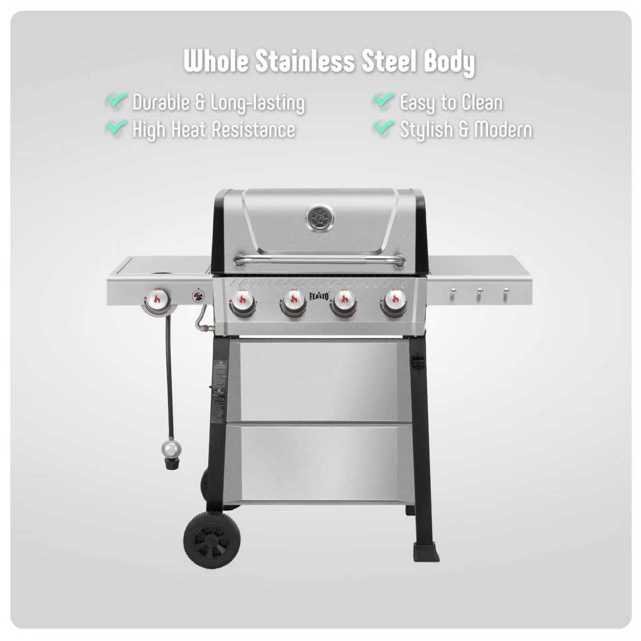 Feasto Propane Gas Grill, 36,000 BTU Outdoor Patio BBQ, Porcelain-Enameled Cookbox & Porcelain-Enameled Cast-Iron Grates, 559 Sq. In., Black (Black, 4) (Stainless Steel)