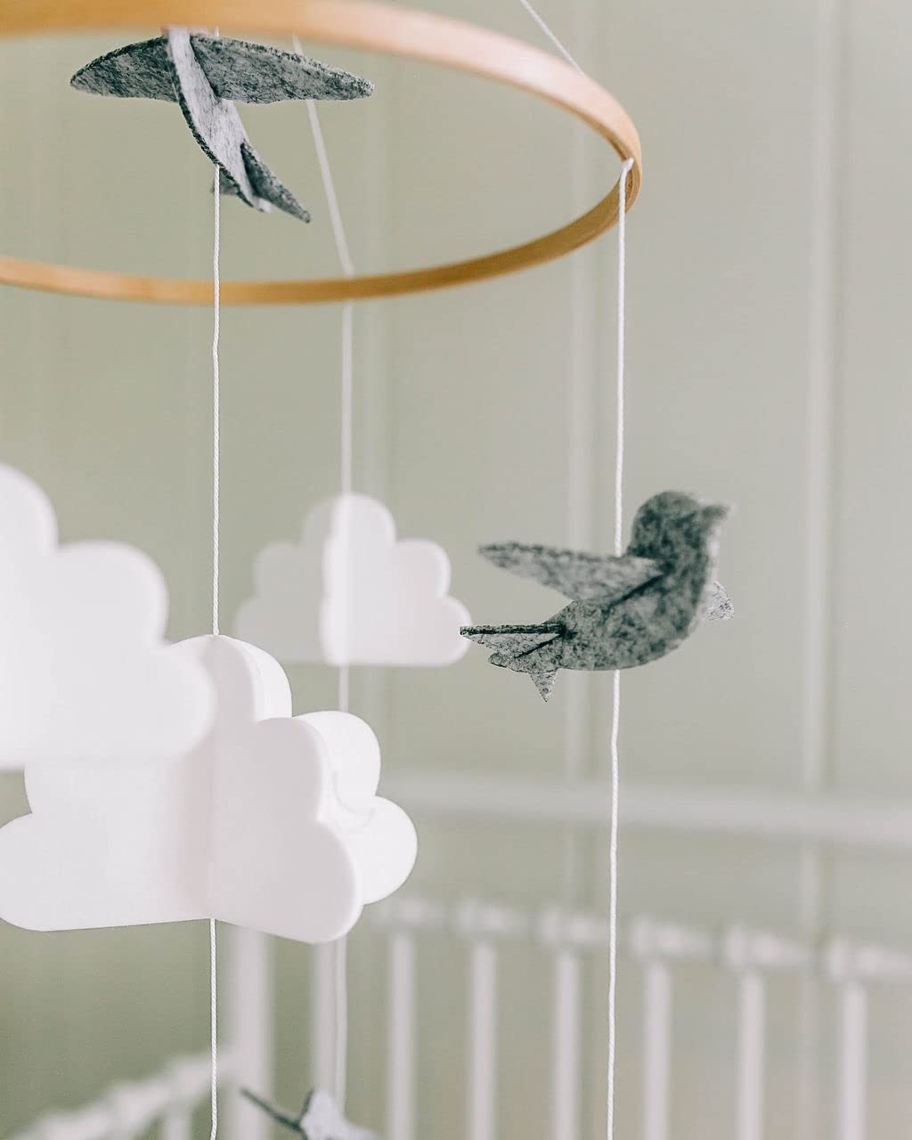 Baby Crib Mobile – Wooden Hanging Nursery Baby Mobile for Crib, Nursery Decor for Boys & Girls, Perfect Shower Gift (Grey Birds w/Garland) Also Fits Bassinets, Sorrel + Fern