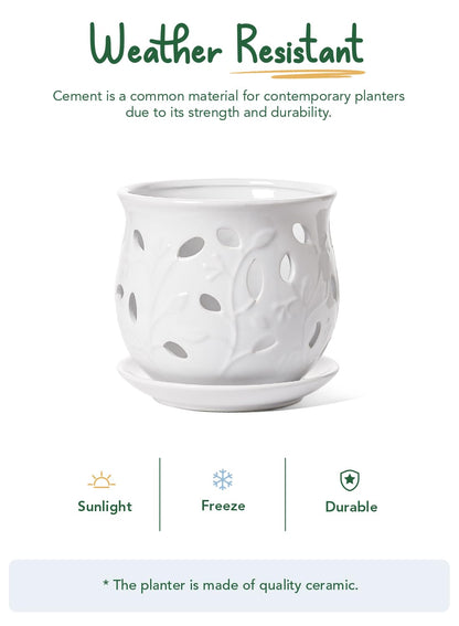 LE TAUCI Ceramic Orchid Pot, 6.5 Inch Orchid Pots with Holes, Orchid Planter for Repotting, Indoor Flower Plant Pot with Drainage and Saucer, White
