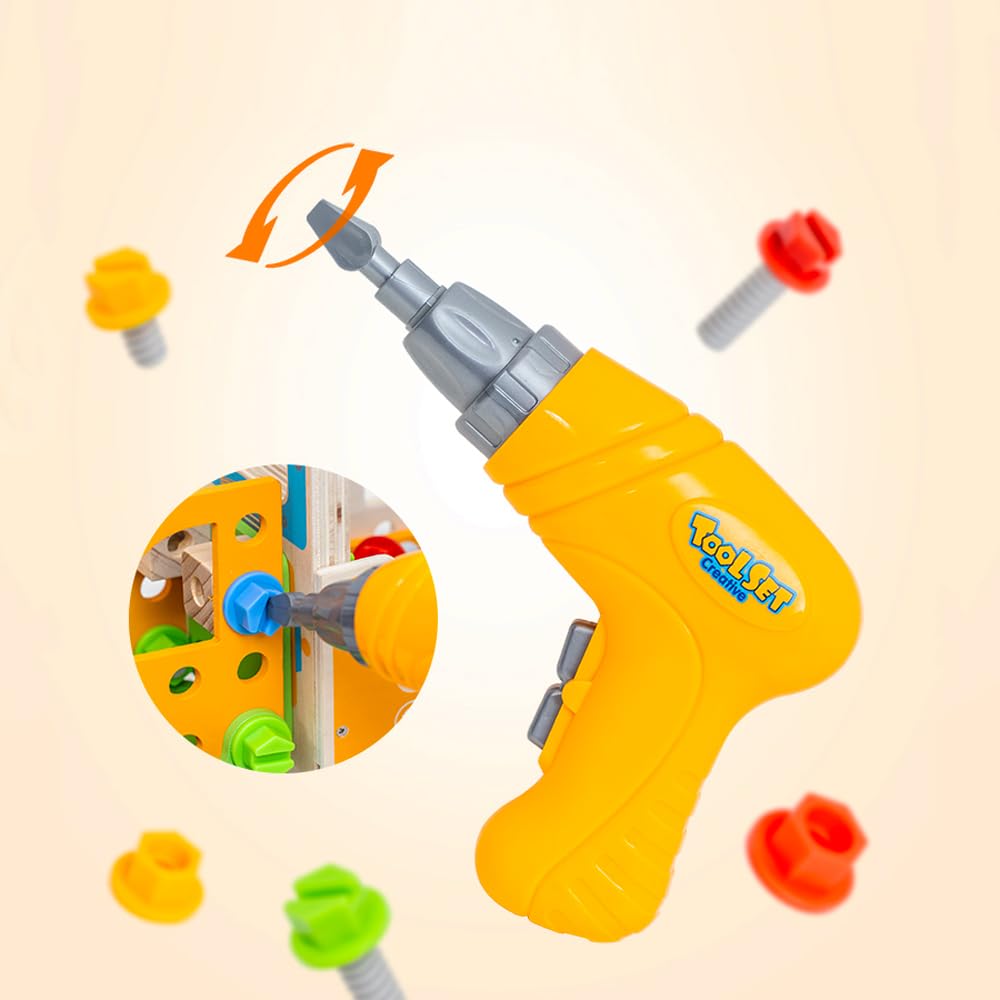Totatatree Wooden Kids Tool Set with Electric Screwdrivers, 91PCS Educational STEM Construction Toys, Wooden Tool Bench Montessori Toy Tool Box for 3 4 5 YO Boys & Girls Birthday Gift (91Pcs)
