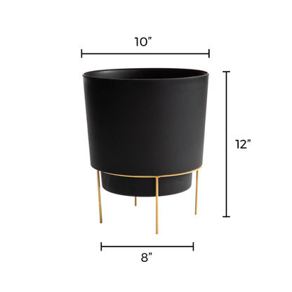 Bloem Hopson Decorative Resin Cachepot with Metal Stand, 10" Indoor and Outdoor Planter with Gold Metal Stand, Black