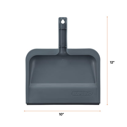 Superio Clip-On Dustpan with Rubber Lip - 10-inch Wide Durable Plastic Dust Pan with Comfort Grip Handle, 2-Pack (Grey)