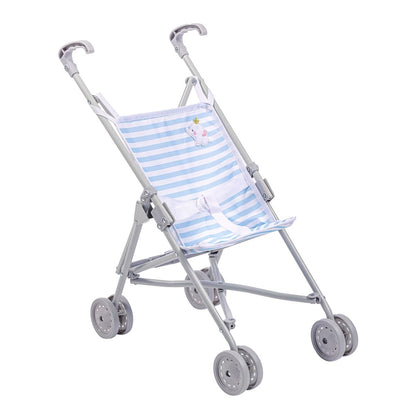 JC Toys Boutique | Folding Umbrella Doll Stroller for Children 2 Years Plus, Blue Stripes and Soft Embroidery | Sturdy Metal Frame | Pretend Play with Dolls up to 18” Long | Seat Belt