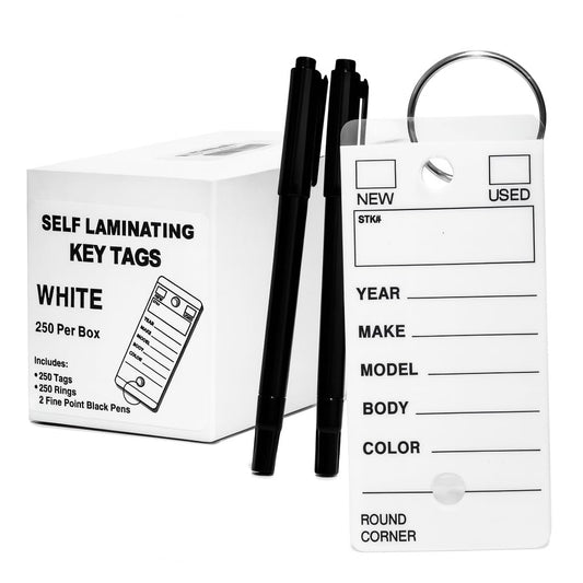 Self Laminating Key Tags for Car, Truck, RV Dealership or Shop. 250 Self Protecting White Car Key Tags with Chrome Rings and 2 Fine Point Pens.