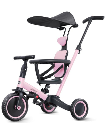 newyoo Tricycle for Toddlers 1-3, Toddler Tricycle with Push Handle and Canopy, Toddler Bike, Birthday Gift and Toys for Girl and Boy, 6 in 1 Baby Trike, Balance Bike, TR009, Pink