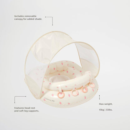 SUNNYLiFE Baby Float with Canopy — UPF40 Infant Pool Float, Adjustable Fabric Seat, 4 Silicone Play Rings | 6-12 Months - Strawberry Sunshine Pink